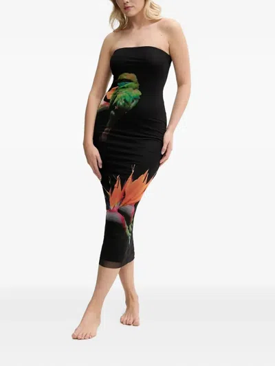 Desigual Bird-print Strapless Beach Dress In Black