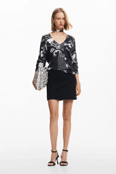 Desigual Newspaper Print Sweater In Black