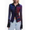 Desigual Rib Trim Mesh Button-up Shirt In Blue