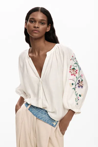 Desigual Blouse Embroidered Sleeves In White