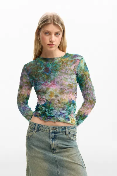 Desigual Blouse Texture Flowers In Blue