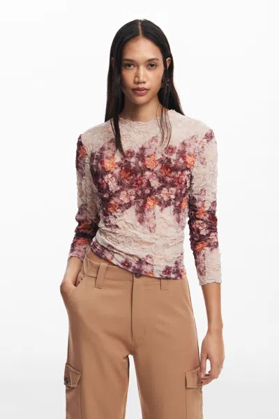 Desigual Textured Floral Blouse In Beige Multi