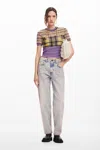 Desigual Knitted T-shirt With Stripes And Checks. In Blue