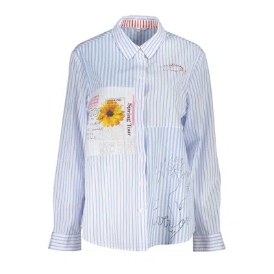 Desigual Newsprint Stripe Button-up Shirt In Blue