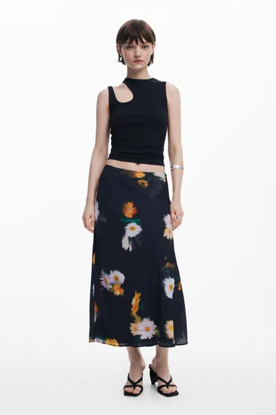 Desigual Blurred Floral Midi Skirt In Black