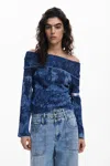 Desigual Off The Shoulder Sweater In Blue