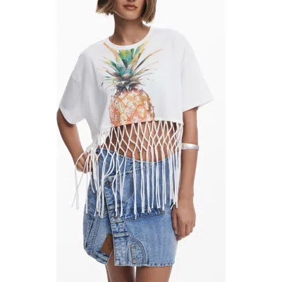 Desigual Braided Fringe Crop Graphic T-shirt In White