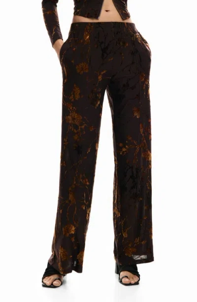 Desigual Burnout Floral Straight Leg Pants In Black