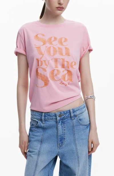 Desigual By The Sea Embroidered Cotton T-shirt In Pink