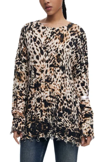 Desigual Cable Stitch Sweater In Animal Print