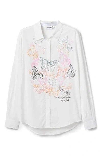 Desigual Cam Butterfly Graphic Button-up Shirt In White