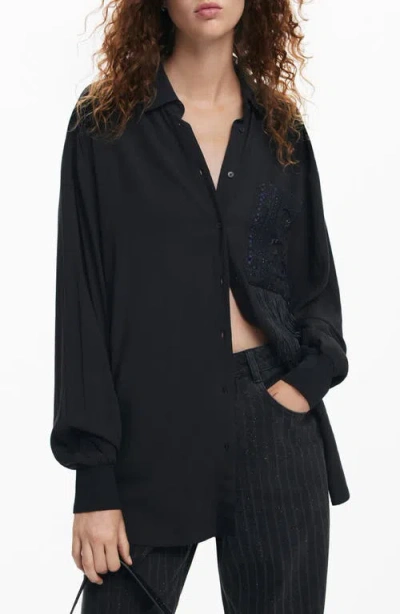 Desigual Cam Sapporo Sequin Fringe Pocket Shirt In Black
