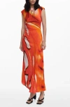 Desigual Cap Sleeve Ruched Maxi Dress In Orange