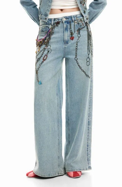 Desigual Chain Embellished Wide Leg Jeans In Blue