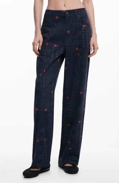 DESIGUAL DESIGUAL CHECK & CHERRY STRETCH COTTON TWILL PANTS