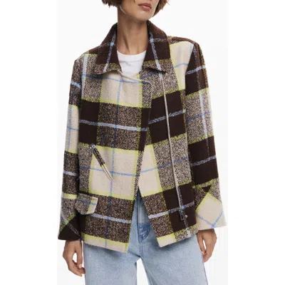 Desigual Check Plaid Short Overcoat In Brown