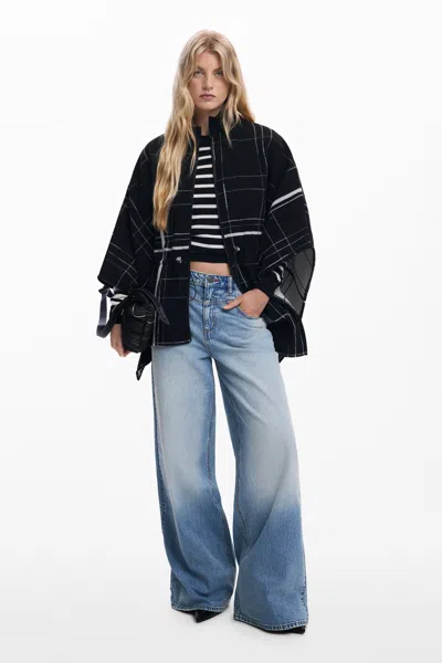 Desigual Checked Wool Poncho In Black