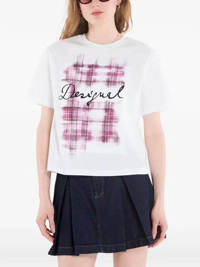 Desigual Checked-logo Cotton T-shirt In White