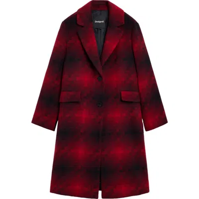 Desigual Checkered Wool Blend Long Coat In Animal Print