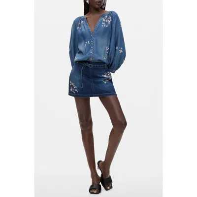 Desigual Cherry Blossom Embroidered Denim Minidress In Blue
