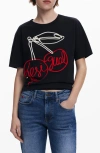 Desigual Cherry Rope Embellished Cotton Graphic T-shirt In Black
