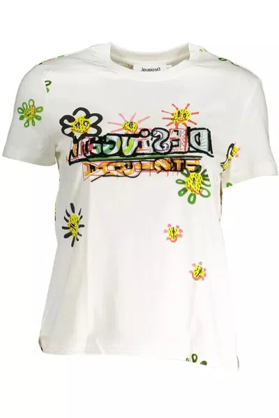 Desigual Chic Printed Round Neck Tee With Contrasting Women's Details In White