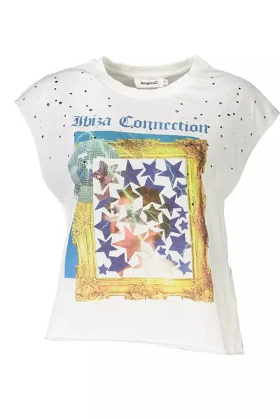Desigual Chic Sleeveless Tee With Print & Contrast Women's Details In White