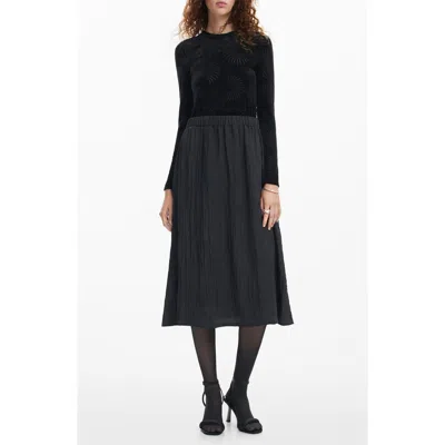 Desigual Chicago Long Sleeve Mixed Media Dress In Black