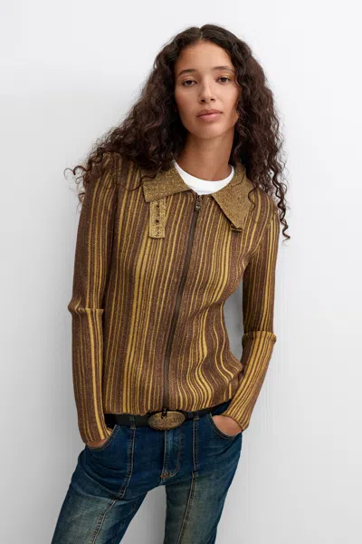 Desigual Chunky Knit Striped Sweater In Green