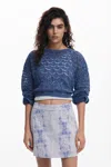 Desigual Cropped Open Knit Sweater In Blue