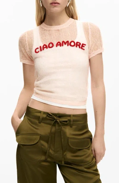 Desigual Ciao Amore Open Stitch T-shirt In Neutral