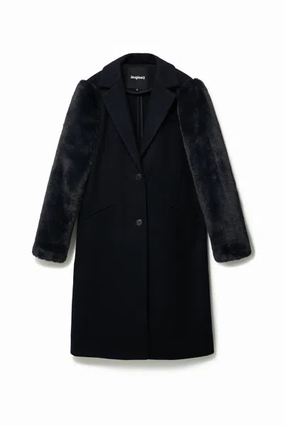 Desigual Coat With Fur Effect Sleeves In Black