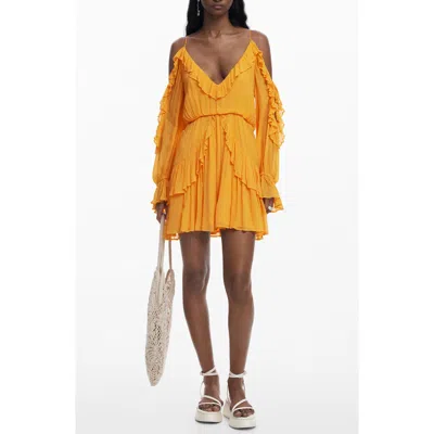 Desigual Cold Shoulder Long Sleeve Minidress In Orange