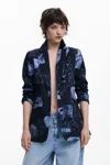 Desigual Collage Print Blazer In Blue