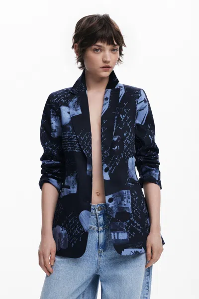 Desigual Collage Print Blazer In Blue