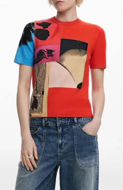 Desigual Collage Print Short Sleeve Knit Top In Orange Red
