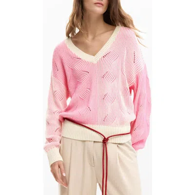 Desigual Colorblock Cotton Blend Pointelle Sweater In Pink