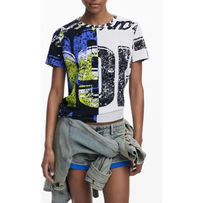 Desigual Colorblock Cotton Graphic T-shirt In White