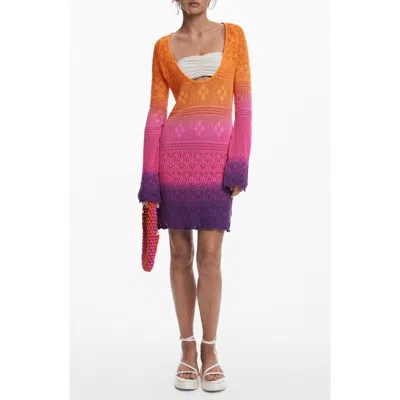 Desigual Colorblock Long Sleeve Open Stitch Cotton Cover-up Dress In Multi