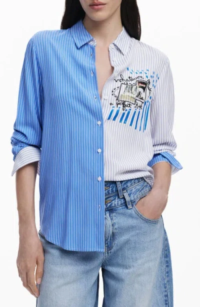 Desigual Colorblock Stripe Cotton Button-up Shirt In Light Blue