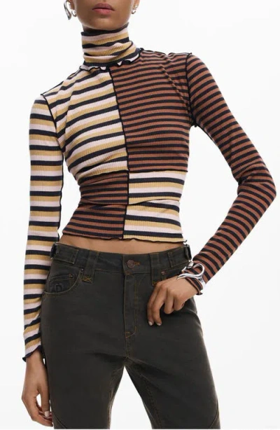 Desigual Colorblock Stripe Rib Turtleneck Top In Brown
