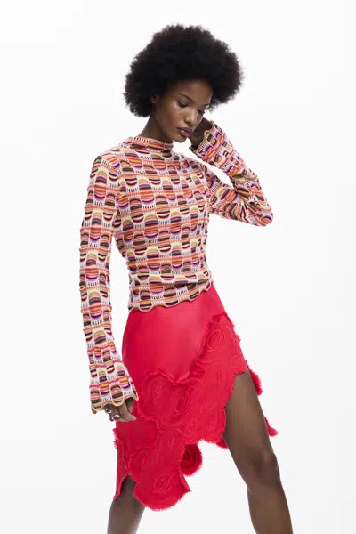 Desigual Stripe Mock Neck Sweater In Red