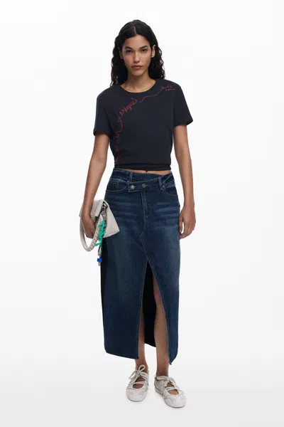 Desigual Combined Denim Midi Skirt In Blue