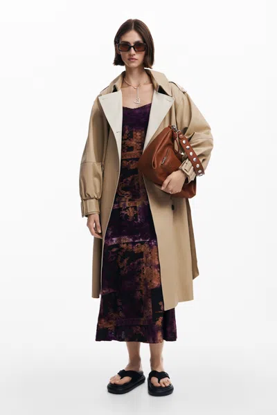 Desigual Combined Trench Coat In Brown