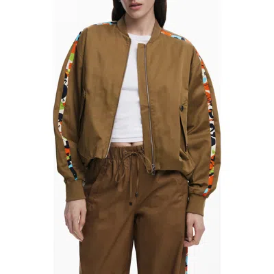 Desigual Contrast Sleeve Stripe Cotton Blend Bomber Jacket In Camel