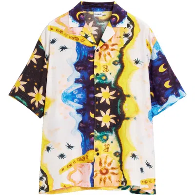 Desigual Cosmos Printed Cotton Camp Shirt In Off White