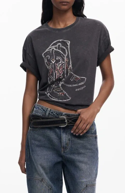 Desigual Cowboy Boot Embellished Cotton Graphic T-shirt In Dark Gray