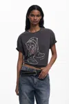 Desigual Cowboy Boot Embellished Cotton Graphic T-shirt In Black