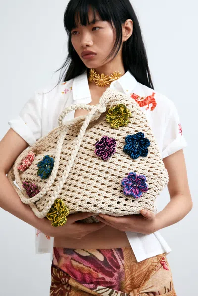 Desigual Crochet Bag With Flowers In White