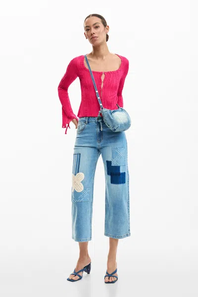 Desigual Crochet Patch Denim Trousers In Blue